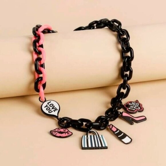 Pink & Black Plastic Eighties Charm Necklace‎ Retro Fun Party Eclectic Jewelery - Picture 3 of 3